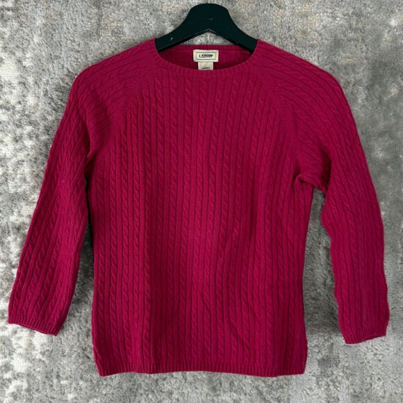 LL Bean Sz XS Pink Cashmere Blend Chunky Cable Knit Sweater 3/4 Sleeve Preppy - Picture 1 of 7